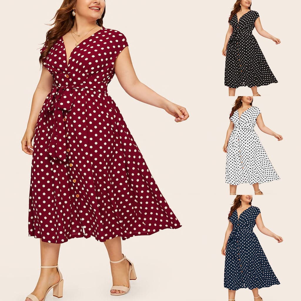 Amazon New Plus Size Polka Dot Dress with Button Tie Waist V-Neck, Hot Selling for Export on AliExpress