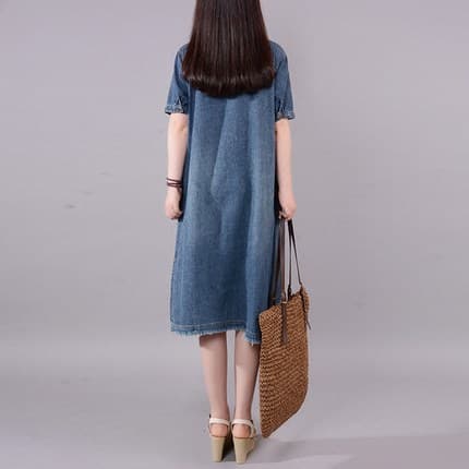 Actual Photo Cross-border Trade 2026 Summer Artistic Loose Plus Size Women's Mid-Length Washed Short Sleeve Denim Dress