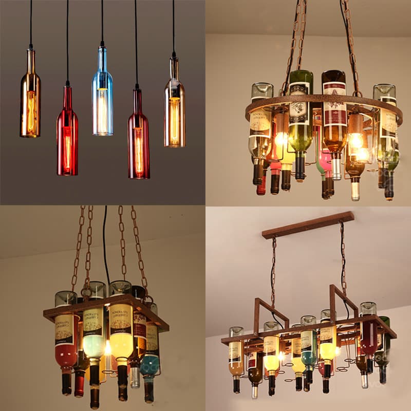 Bar Chandelier Vintage Industrial Wine Bottle Pendant Light Restaurant Clothing Store Creative Iron Bar Wine Bottle Pendant Lamp