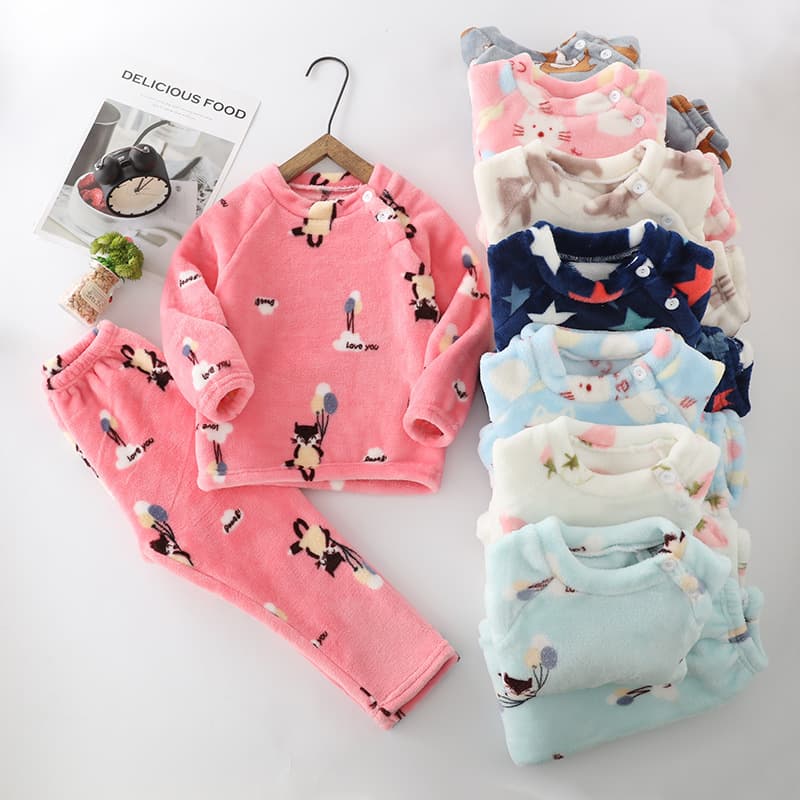 2021 Spring/Autumn Children's Flannel Home Wear Set, Thickened Two-Piece Pajama Set for Boys, Girls, and Toddlers