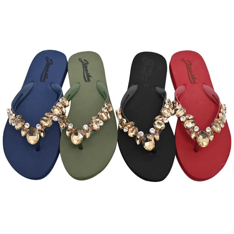 Summer Handmade Rhinestone Strap Slippers for Women, Flat Thong Sandals, Fashionable Beach Sandals, Non-Slip Women's Casual Slippers