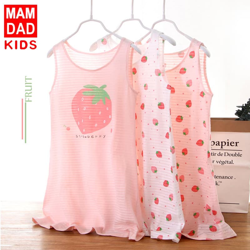 Girls Breathable Sweat-Absorbent Bamboo Cotton Vest Dress Children's Home Sleepwear Casual Style Solid Color Floral Patterns