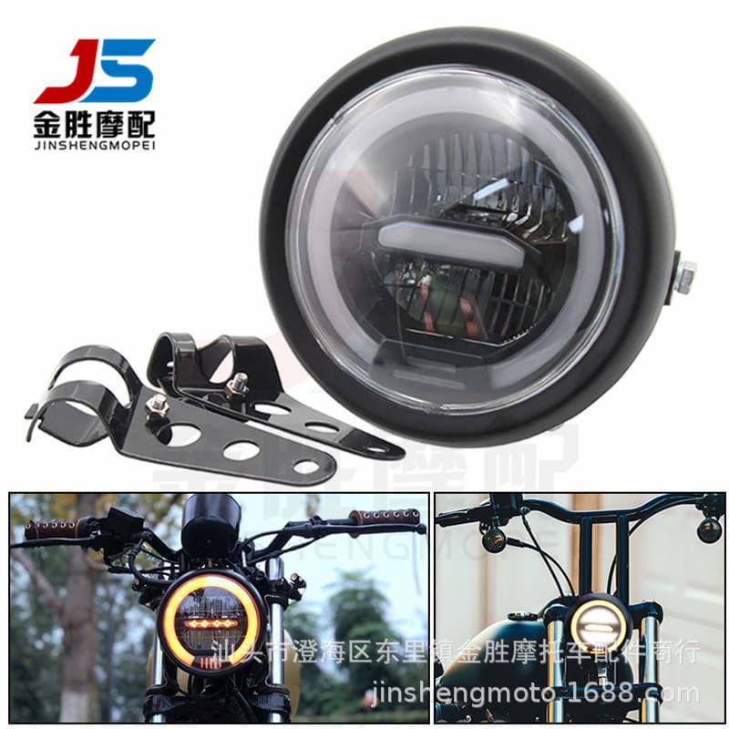 Export-specific Motorcycle Parts 5.75-Inch LED Headlight with High/Low Beam, Daytime Running Light, and Halo Ring, Front Headlight Bracket