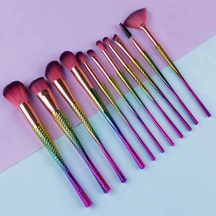 Stock Wholesale Export Hot Selling 11-Piece Slim Handle Makeup Brush Set Electroplated Rainbow Makeup Beauty Tool