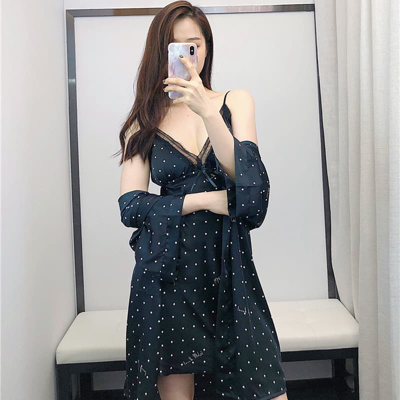 Trendy Polka Dot Pajama Set with Padded Bra for Women, Black Sexy Silk Satin Camisole Nightgown and Robe Two-Piece Set for Spring/Autumn/Summer