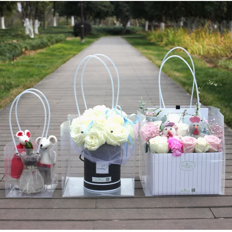 Wedding Gift Box Transparent Packaging Bag Square Rose Flower Bag Handbag Plastic Waterproof Bonsai Gift Bag