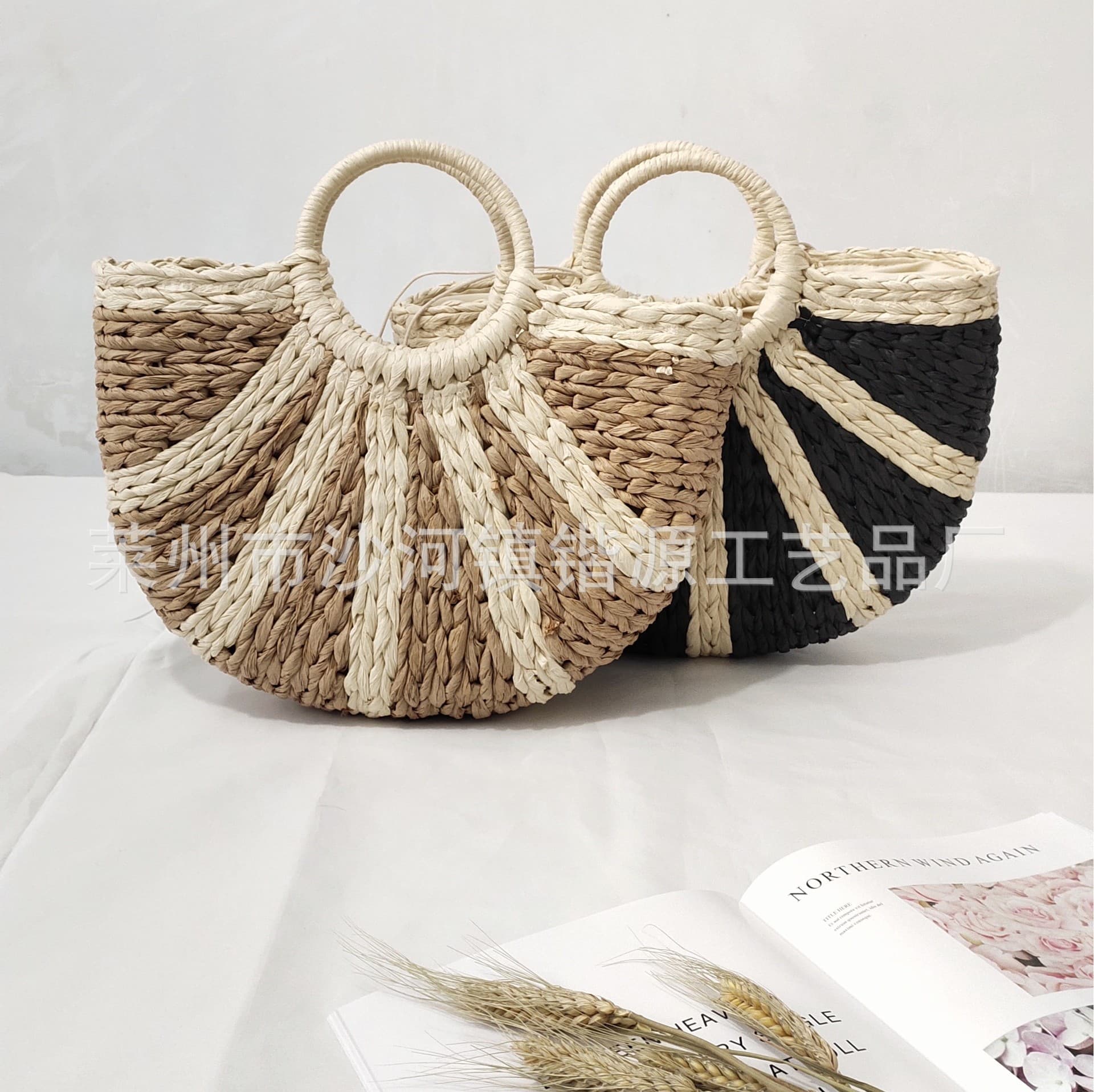 Factory Wholesale Half-Moon Woven Bag Summer Striped Round Bucket Bag Straw Bag Handbag Moon Bag Handheld Artistic Chinese Style