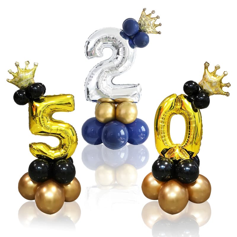 Amazon Cross-Border Hot Selling 32-Inch Digital Pillar Black Gold Crown Balloon Birthday Decoration Party Road Guide Aluminum Foil