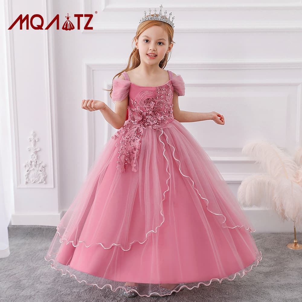 Cross-border Children's Long Dress One-Shoulder Applique Tulle Princess Dress Irregular Hem Performance Costume Kid Dress