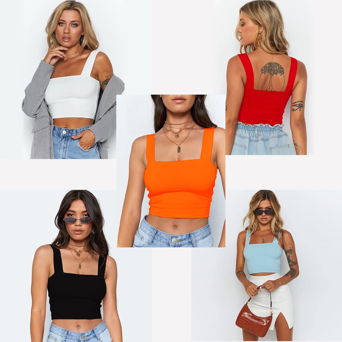 Sexy Crop Top Women's T-shirt Fashionable Summer 2024 Sleeveless Elastic Polyester Solid Color Square Neck Short Style