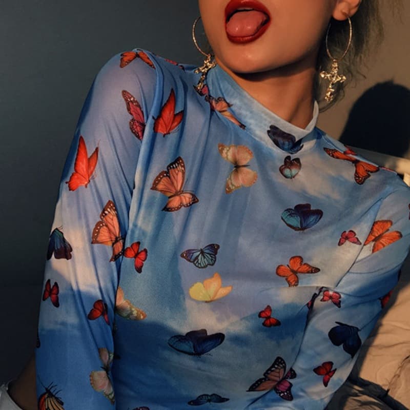 European and American cross-border foreign trade women's mesh hollow butterfly print long-sleeved navel-baring short T-shirt bottoming shirt for women