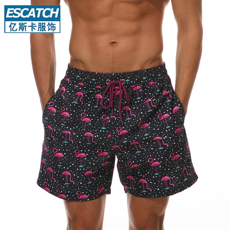 ESCATCH Men's Tropical Print Drawstring Swim Shorts Flamingo Beach Shorts Large Size Shark Beach Shorts