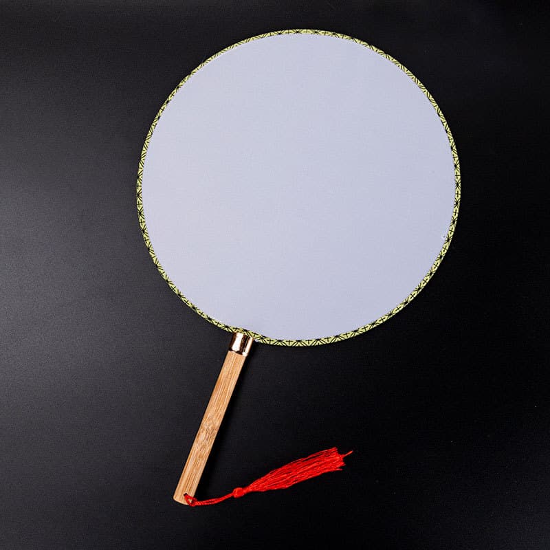 White Palace Fan with Bamboo Handle, Creative Painting Round Silk-Imitating Fan for DIY Crafting