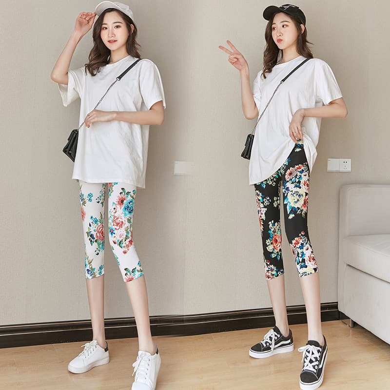 2026 New Summer Leggings for Women, Thin Seven-Tenths Length, Elastic Floral Print Plus Size, Five-Tenths Length, Tapered Pants
