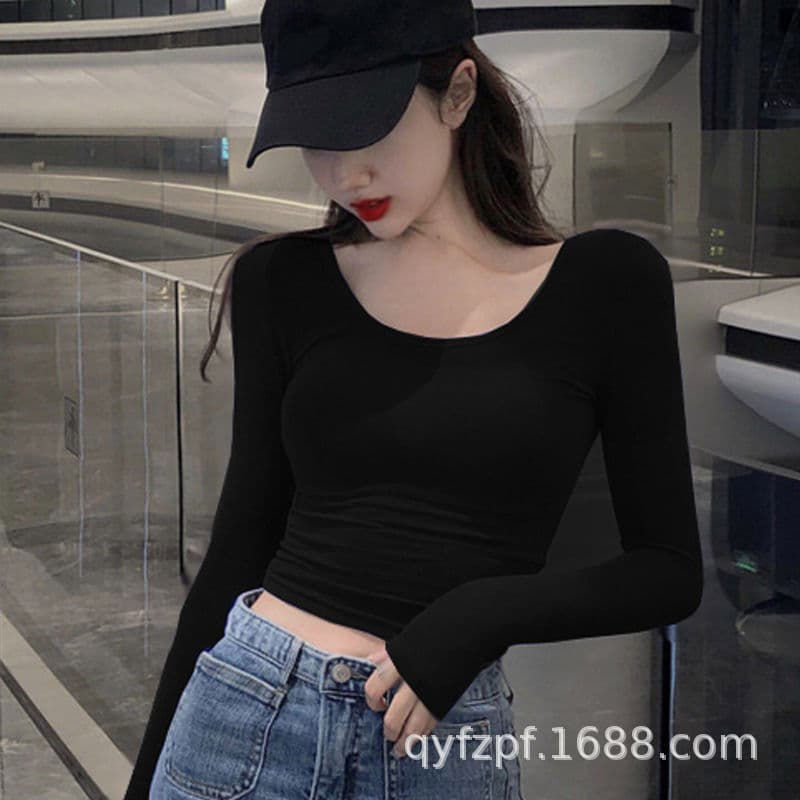 95 Cotton U Neck Long Sleeve Navel Top Women 2020 Summer Slim Backless Sexy Simple T-shirt Slim Short Style