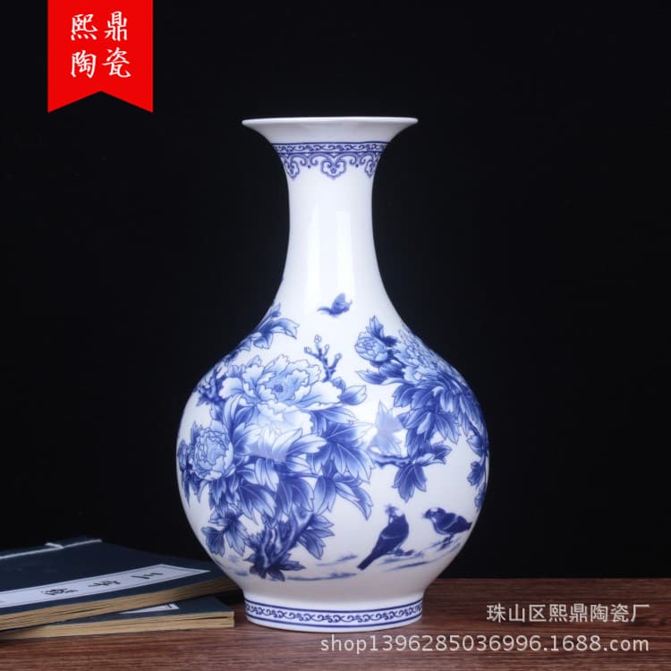 Ceramic Vase Decoration, Exquisite Blue-and-White Thin-Bone China Vase, Appreciation Bottle Home Tabletop Decoration, Rustic Style