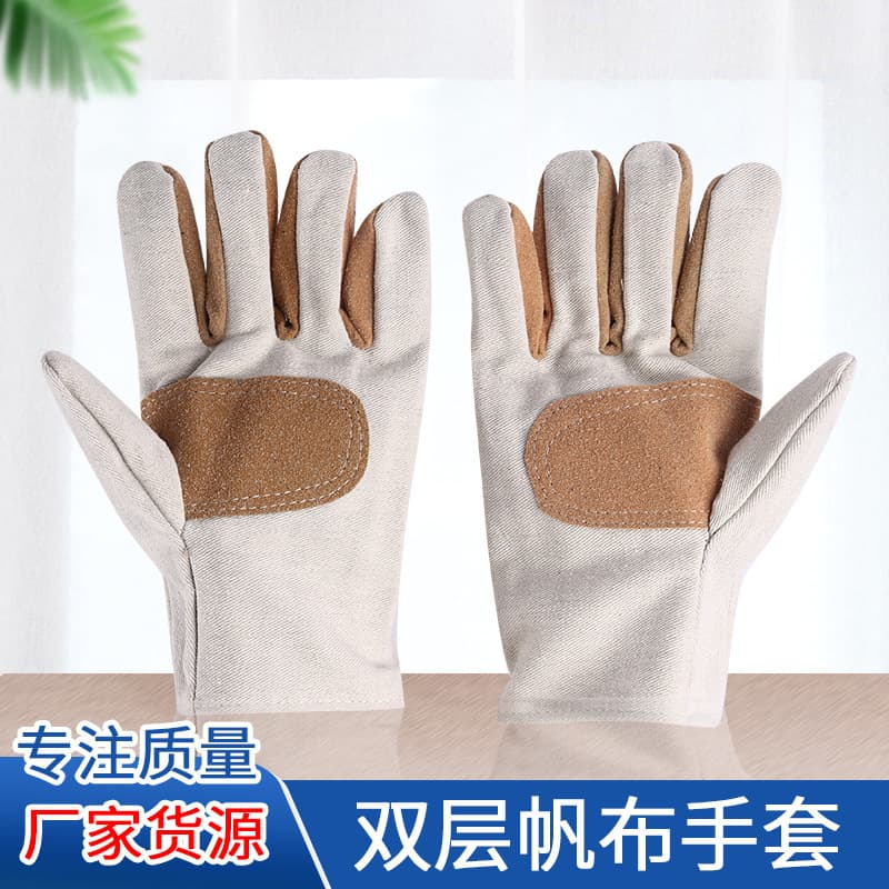 Canvas gloves, double-layered thickened safety gloves for car repair, handling, and welding; wholesale of protective work gloves.