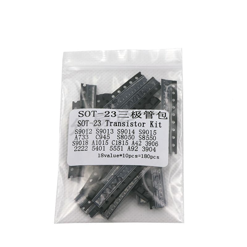 SOT-23 surface mount transistor package. This component package contains 10 of 18 common types, including 8050, 8550, 9014, etc.