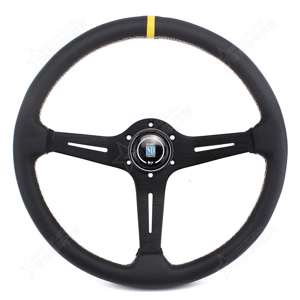 Car Modified Steering Wheel 15-inch ND Racing Leather Steering Wheel Black Perforated Leather Concave Frame Universal Steering Wheel