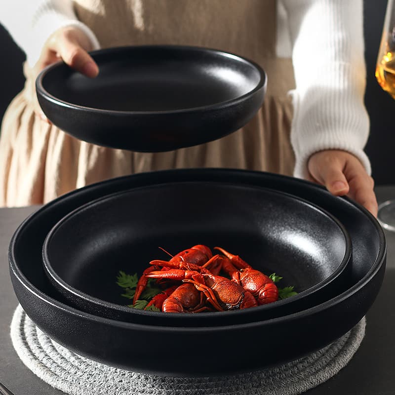 Ceramic Bowl Black Matte 12-Inch Large Soup Bowl for Boiled Fish, Commercial Use, Japanese-Korean Style, Round, Home Creative Tableware