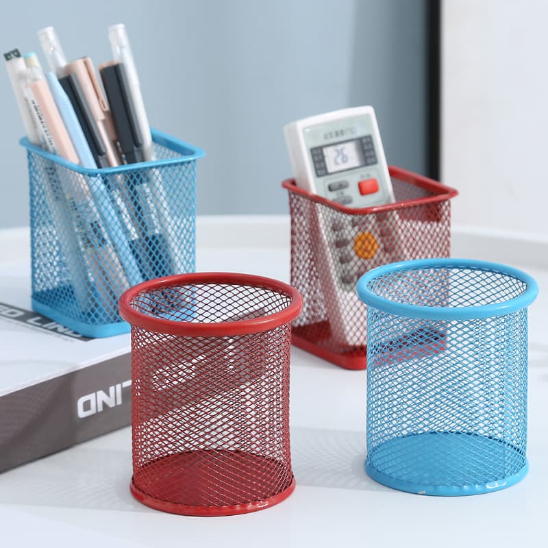 Wrought Iron Color Round Mesh Metal Square Hollow Pen Holder Student Stationery Desktop Office Supplies Storage Ornaments