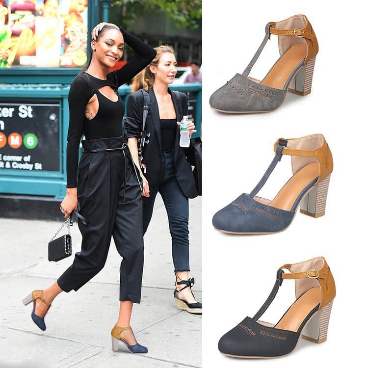 Overseas Plus Size European American Rubber PU High Heel Shoes Independent Station Hot Style Shallow Mouth One-Strap Buckle Round Toe Chunky Heels