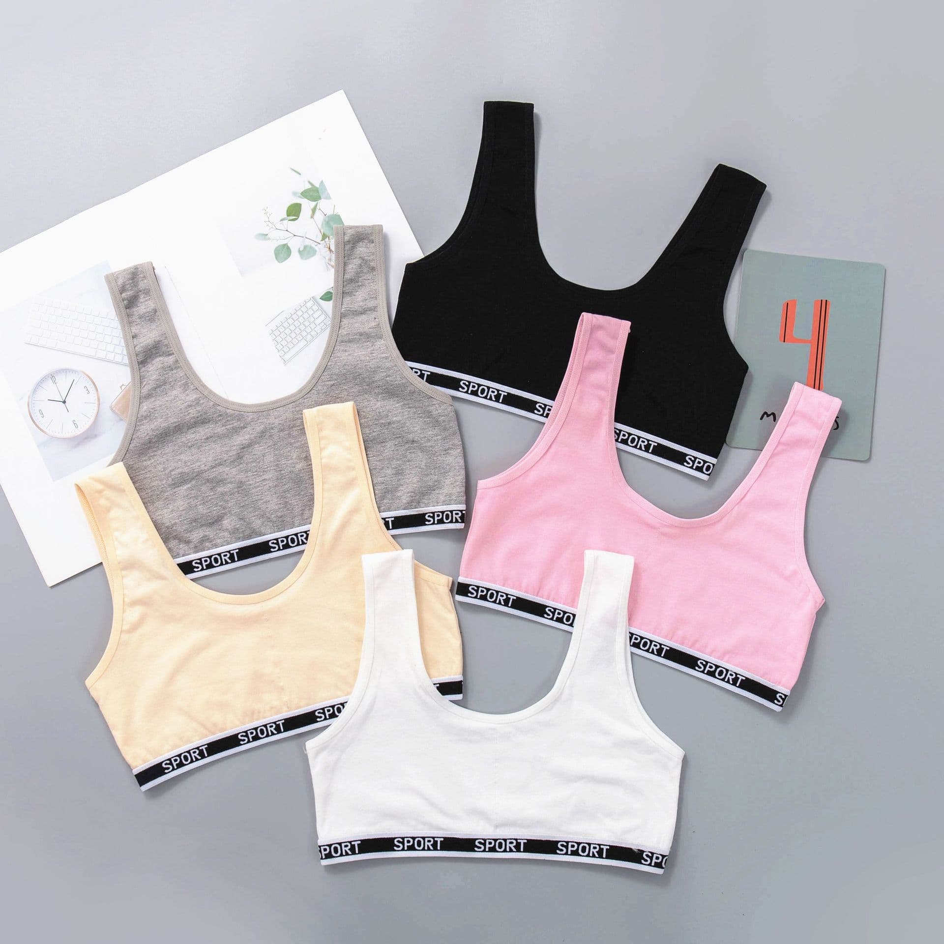 Girls' Thin Developmental Stage Bra, Sports Style U-Back, Wire-Free Double Layer, Comfortable Cotton Solid Color Bra