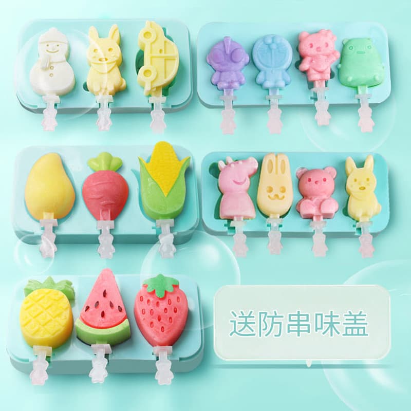 Silicone Ice Pop Mold 3-in-1 / 4-in-1 Fruit-Shaped Cartoon Ice Cream Mold with Reusable Sticks, Easy Release Kitchen Tool