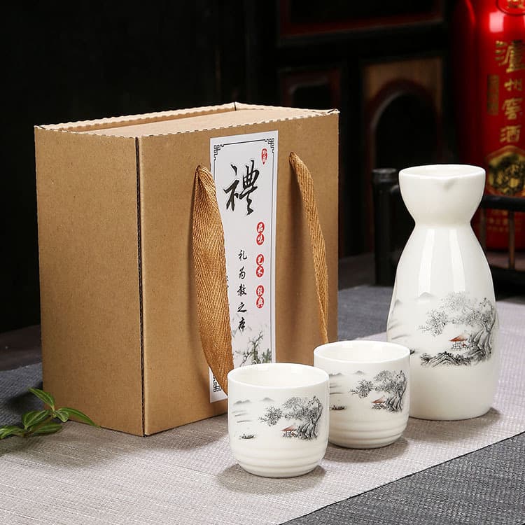 Winery Logo Small Gift, Household Warm Wine Pot, Ceramic Sake Set with Baijiu Cups, Simple Gift Box Set