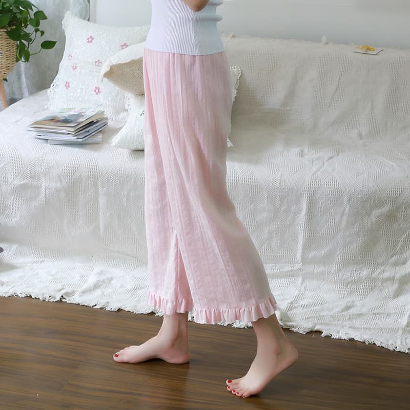 Spring and Autumn Cotton Women's Cute Lounge Pants, Loose Summer Thin Nine-Tenths Wide-Leg Air Conditioning Sleep Pants