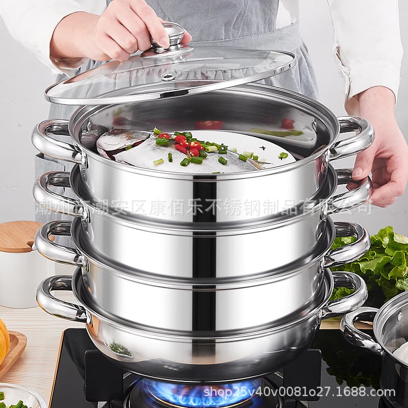 One-Piece Drop Shipping Multi-Layer Stainless Steel Steamer Pot, 28cm/30cm/32cm Triple-Layer Soup Steamer with Steaming Basket, Kitchenware Gift