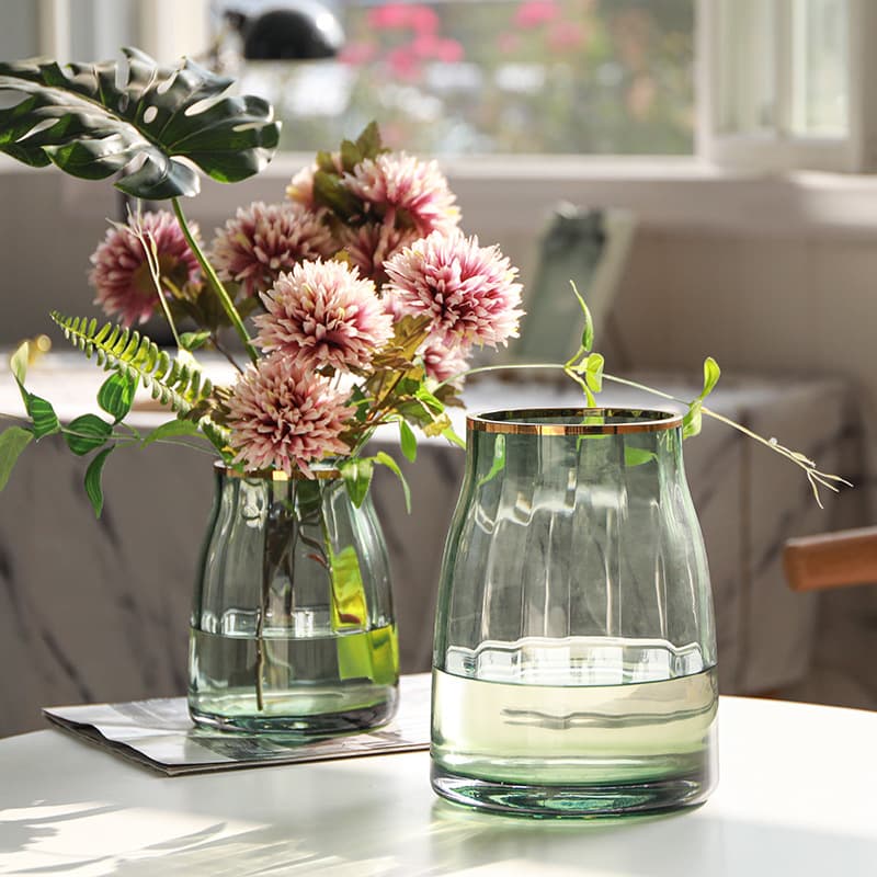 Nordic Light Luxury Glass Vase Decoration for Dried Flowers, Transparent with Real Gold Trim, Simple Home Decor for Living Room