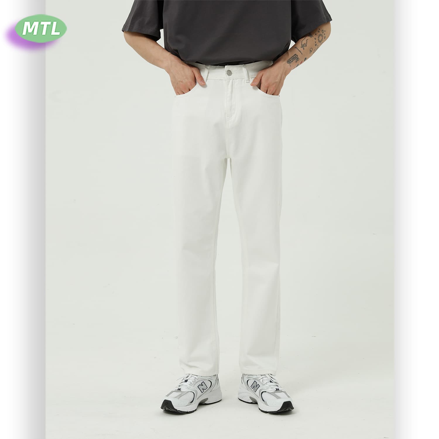 MTLCLOTHES Men's Clothing | Black and white basic simple jeans men's slim trousers