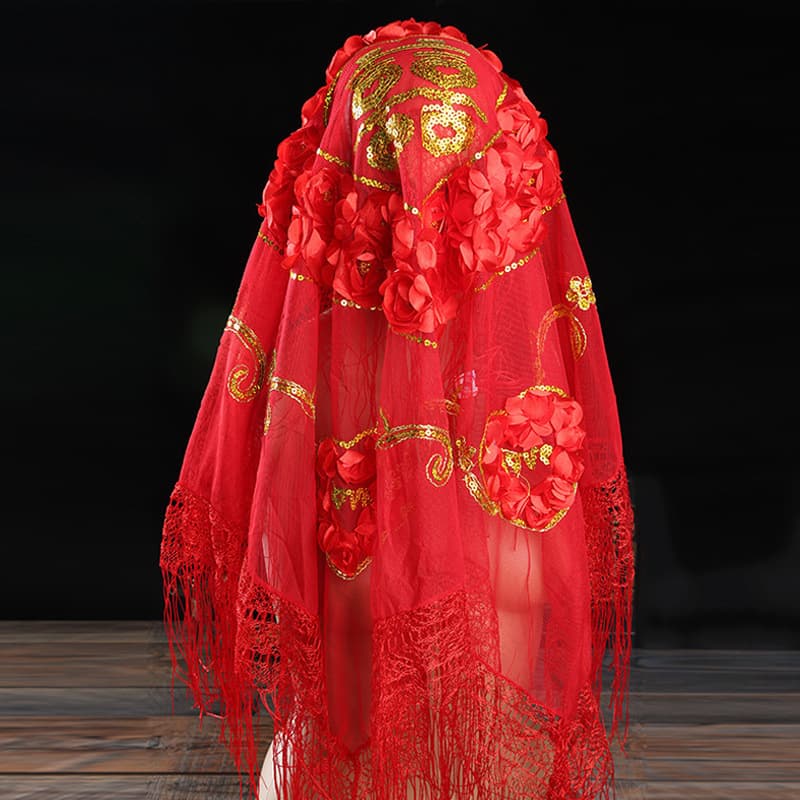 Bride's Red Wedding Veil, Chinese Style Transparent Mesh with Double Happiness Character, Traditional Wedding Head Covering