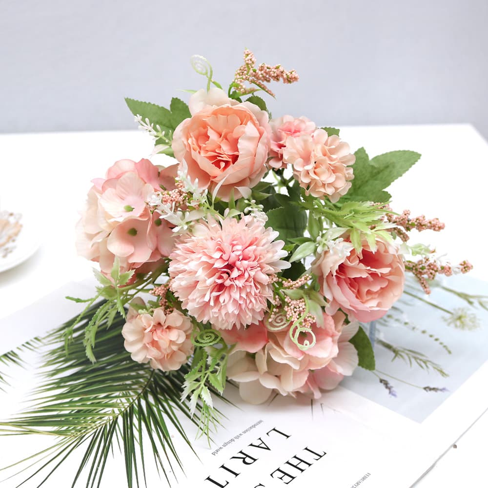 Nordic-style 7-branch artificial roses, peonies, carnations, hydrangeas, tea buds for wedding photography decor