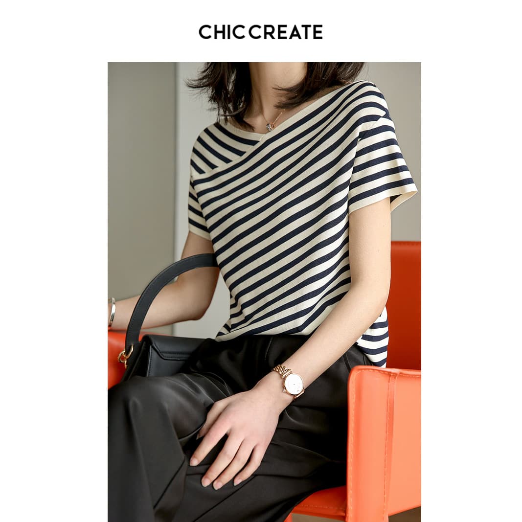 Slimming! Black and White Striped Knit Short-Sleeve T-Shirt Top Women's Summer New
