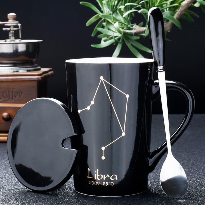 Creative black real gold constellation cup mug custom logo coffee cup ceramic cup with lid spoon home office
