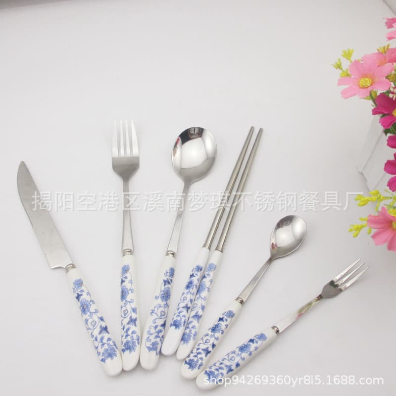 Korean stainless steel six-piece blue and white porcelain set for travel, blue and white porcelain six-piece home tableware set