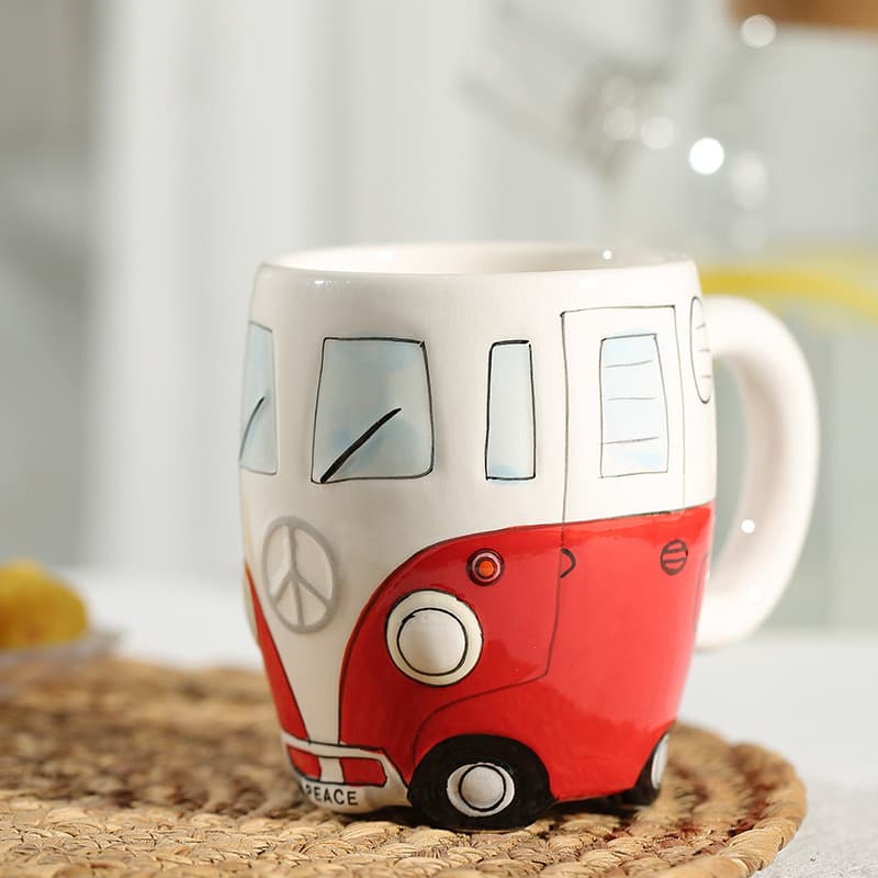 Handmade Ceramic Cup, Chocolate Milk Cup, Small Animal Mug, Cartoon Bus Milk Tea Cup, Cute Girl Cup