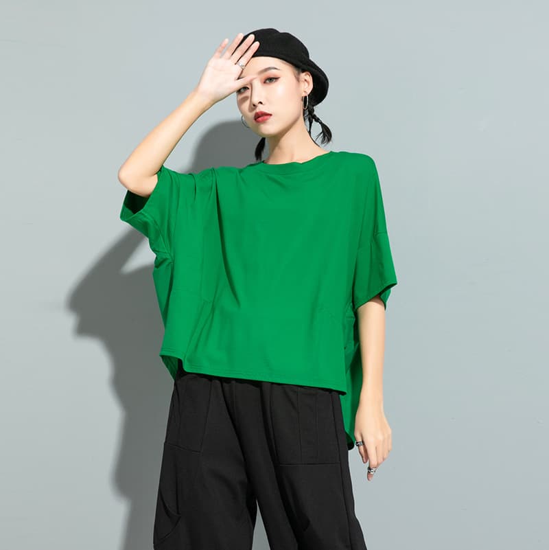 Cross-border Supply European and American Summer New Women's T-Shirt Short Sleeve Loose Ruffle Hem Slim Round Neck T-Shirt