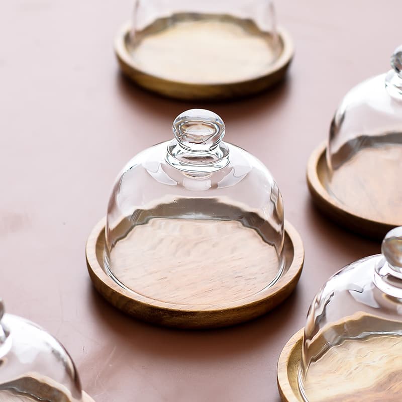 Wooden Cake Plate with Glass Dome for Mousse Dessert Tray Display