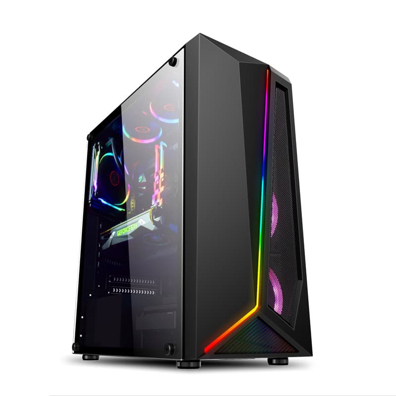 Wholesale Desktop Computer Case Full Side-Transparent Office Home Gaming with Built-in Light Bar, Voyager Black