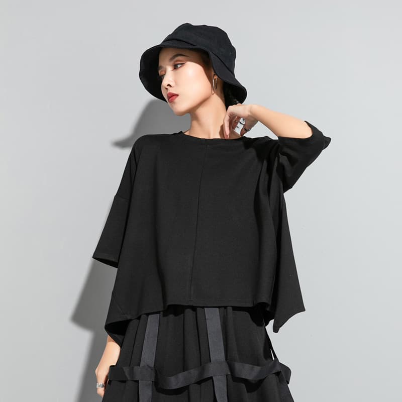 Cross-border Exclusive for Europe and the US Summer New Women's Fashion Foreign Trade Brand Dark Black Zipper Decorative Short Sleeve T-Shirt Top for Women