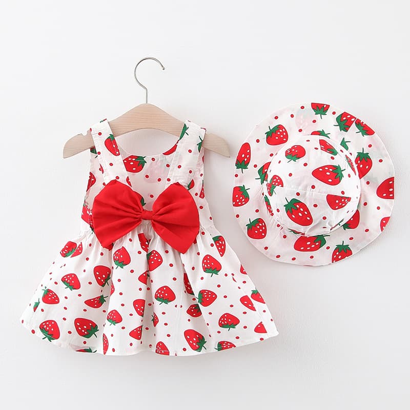 A732 Children's Skirt Wholesale, Fresh Baby Girl Dress with Large Strawberry Print, Includes Hat, Kids' Skirt