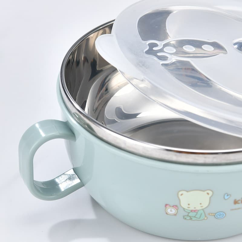 Factory Stock Handle with Lid Baby Stainless Steel Kids Cartoon Insulated Thermal Bowl with Spoon