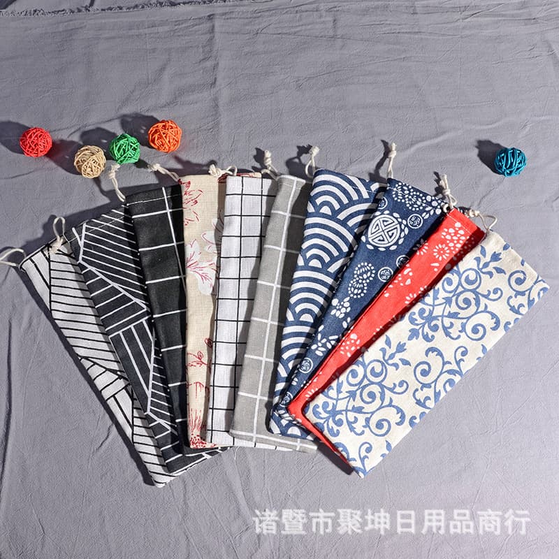 Printed Japanese Cotton-Linen Drawstring Bag Bamboo Wood Utensil Set Pouch 304 Stainless Steel Fork Spoon Knife Six-Piece Set Storage Portable