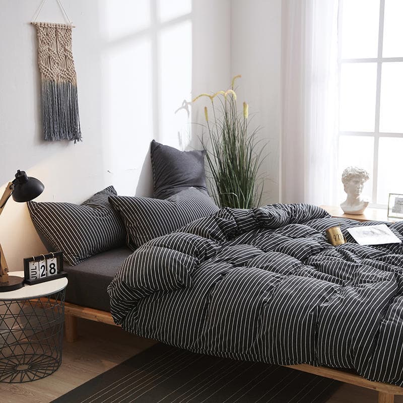 Tianzhu Cotton Four-Piece Set Japanese Knitted Cotton Striped Quilt Cover Bed Sheet Bed Skirt 1.5/1.8 m Bedding Set