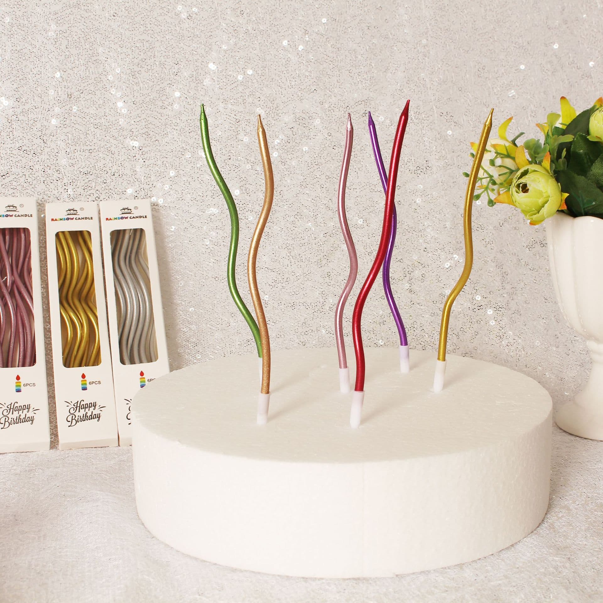 Trendy Ins Birthday Candle 6 Curved Children's Party Paper Box with Base Colored Golden Pencil Cake Candle