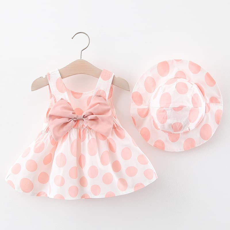 733 Children's Dress Drop Shipping, Toddler Girl Dress, Solid Color Large Polka Dot Print Dress with Hat, Ages 1-4