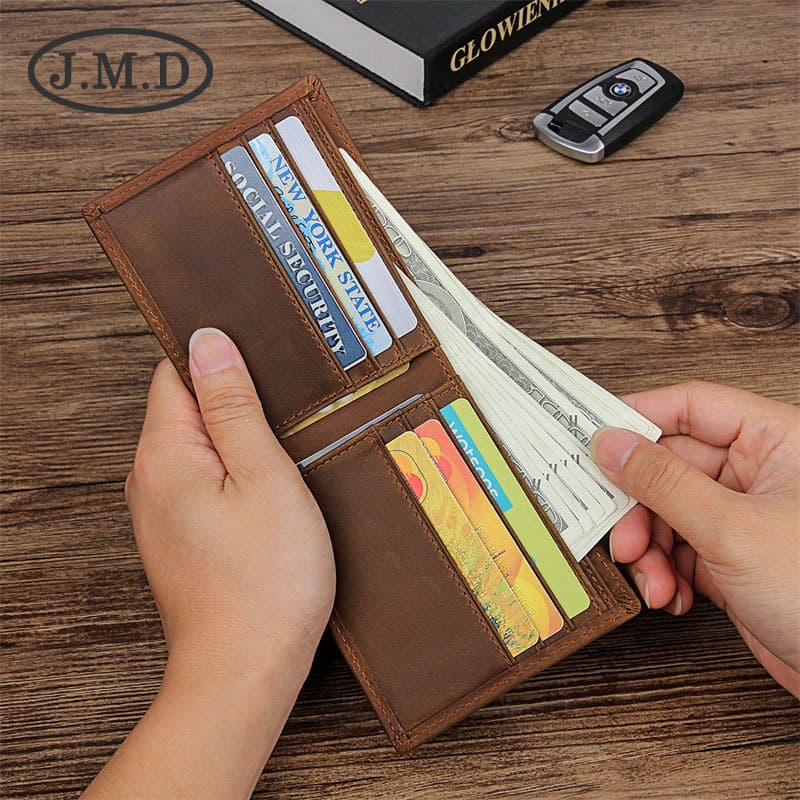 J.M.D Vintage Crazy Horse Leather Wallet Men's Short Style Money Holder Multi-Card Slot Leather Clutch Waterproof Anti-Theft